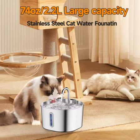 2.2L Stainless Steel Cat Water Fountain,Pet Water Dispenser With Filter,Dog Drinking Fountain For Cats,Ultra Quiet Water Pump