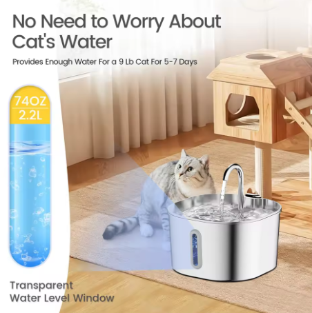 2.2L Stainless Steel Cat Water Fountain,Pet Water Dispenser With Filter,Dog Drinking Fountain For Cats,Ultra Quiet Water Pump