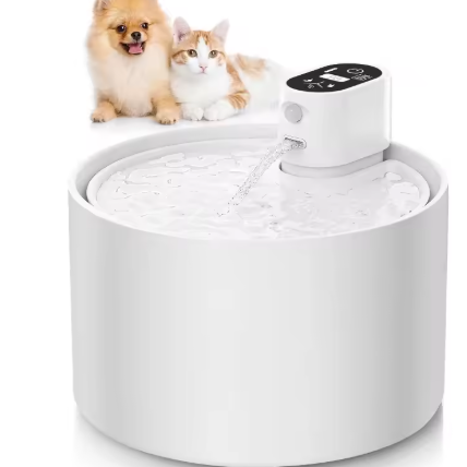 Automatic Ceramic Cat Water Fountain, 2.3L Cordless Pet Water Dispenser with Temperature Water Level Display, 3 Drinking Modes