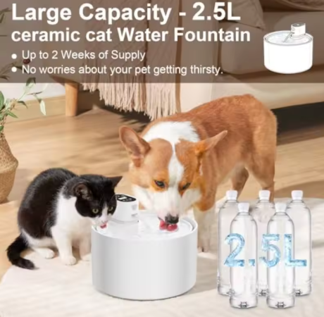 Automatic Ceramic Cat Water Fountain, 2.3L Cordless Pet Water Dispenser with Temperature Water Level Display, 3 Drinking Modes