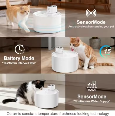 Automatic Ceramic Cat Water Fountain, 2.3L Cordless Pet Water Dispenser with Temperature Water Level Display, 3 Drinking Modes